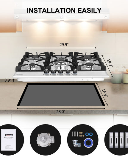 Plaque de cuisson à gaz encastrable de 76 cm (30 po) à 5 brûleurs en acier inoxydable